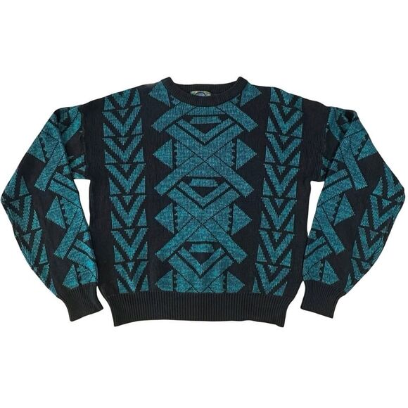 VTG Cosby Sweater Mens XL Blue Abstract Geometric Knit Pullover Crewneck 90s Y2K - Picture 1 of 14